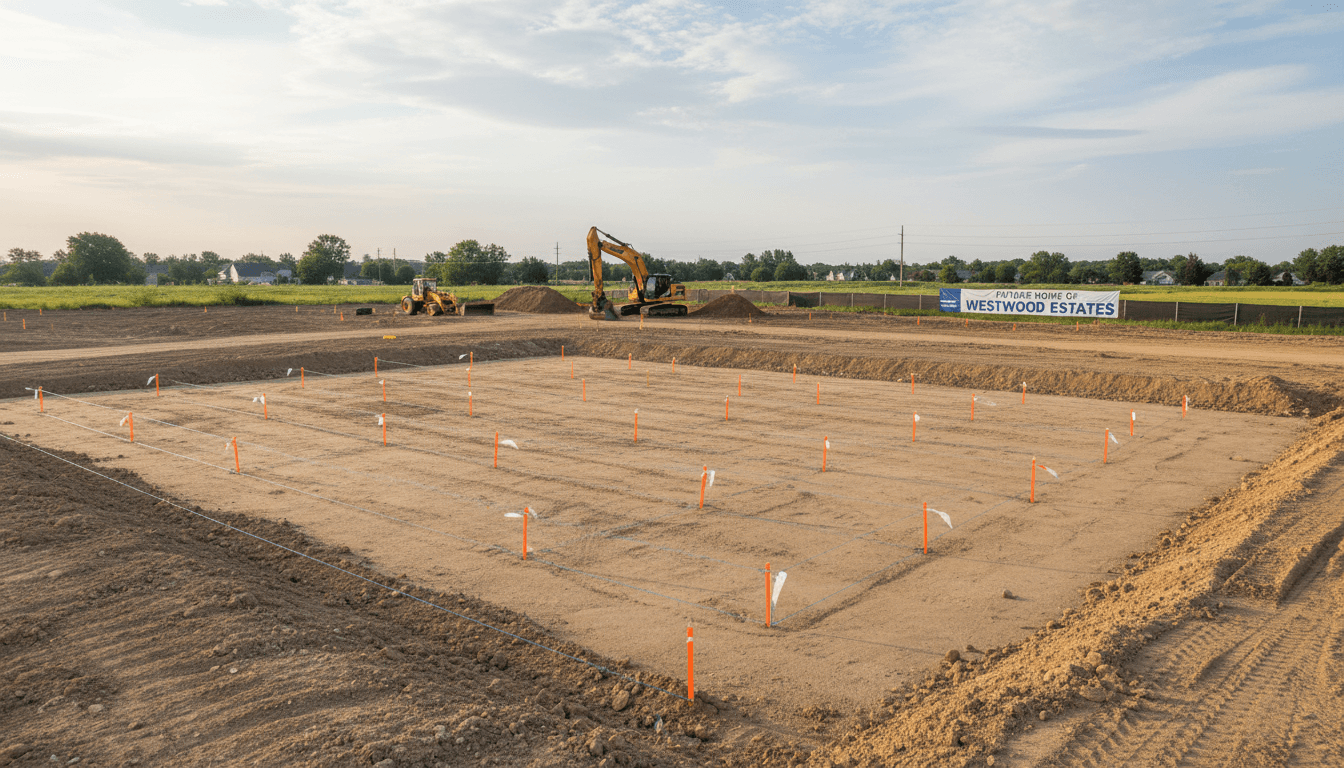 Cleared and graded construction site with an excavator in the background