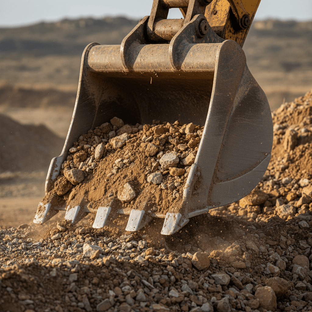 Excavator bucket cutting into cleared earth