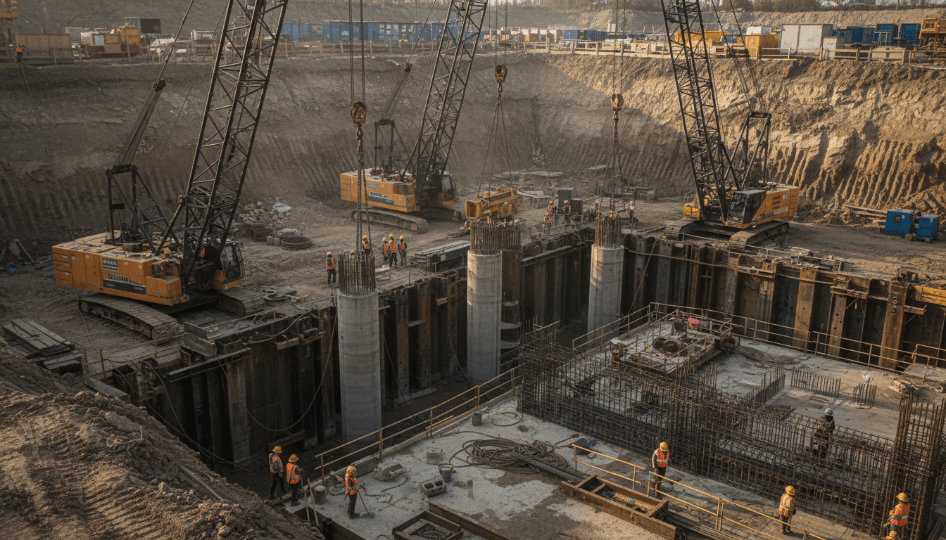 Excavating foundation trench on a cleared site