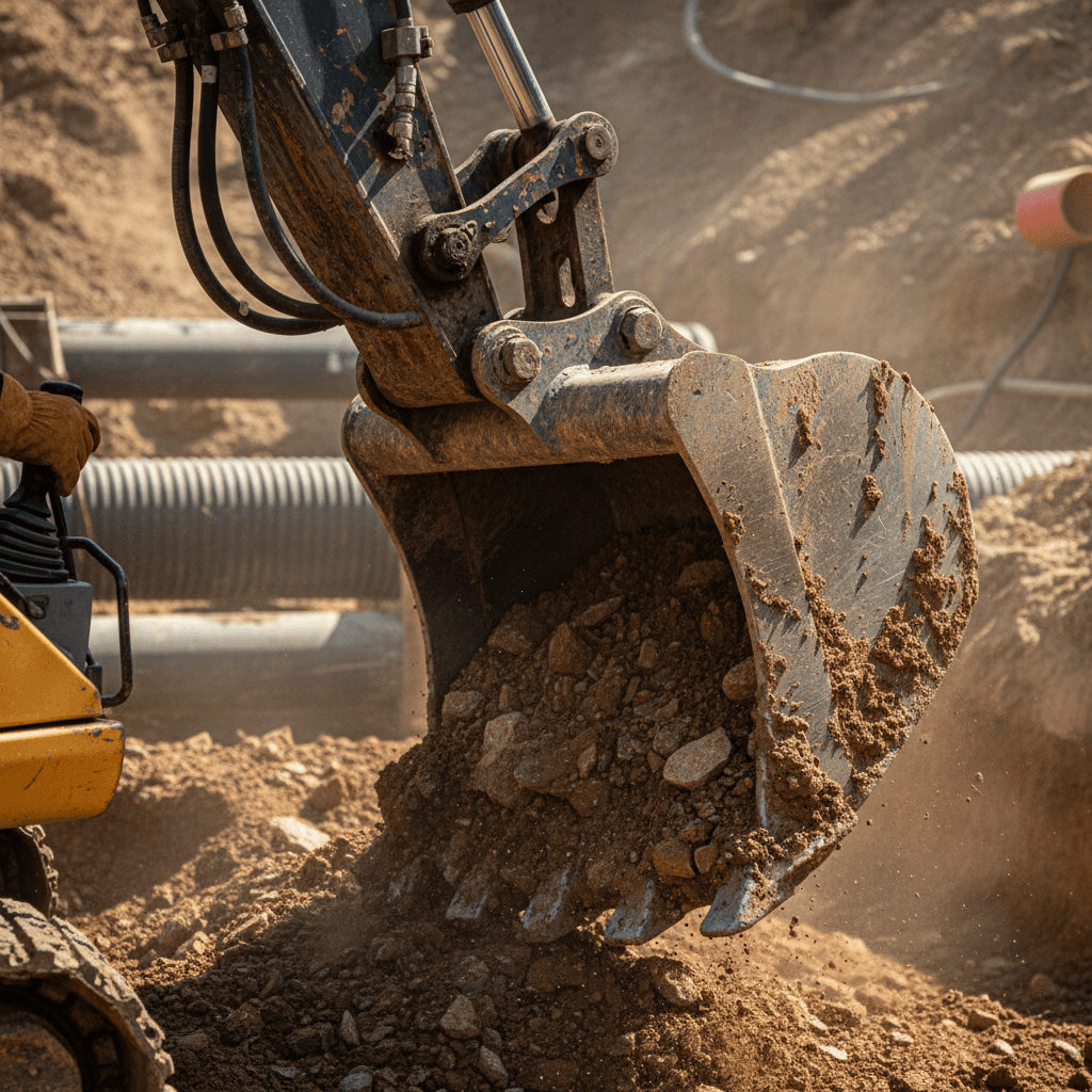Excavator bucket digging into soil on a construction site