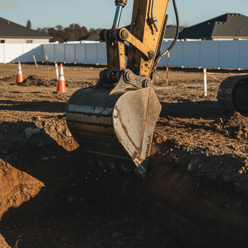 Heavy equipment blade cutting into soil on a construction site