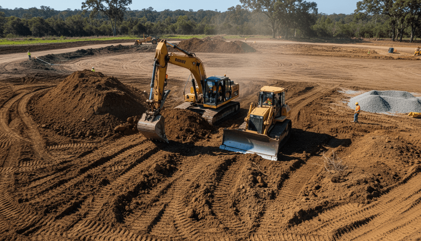 Excavator working on a cleared construction site